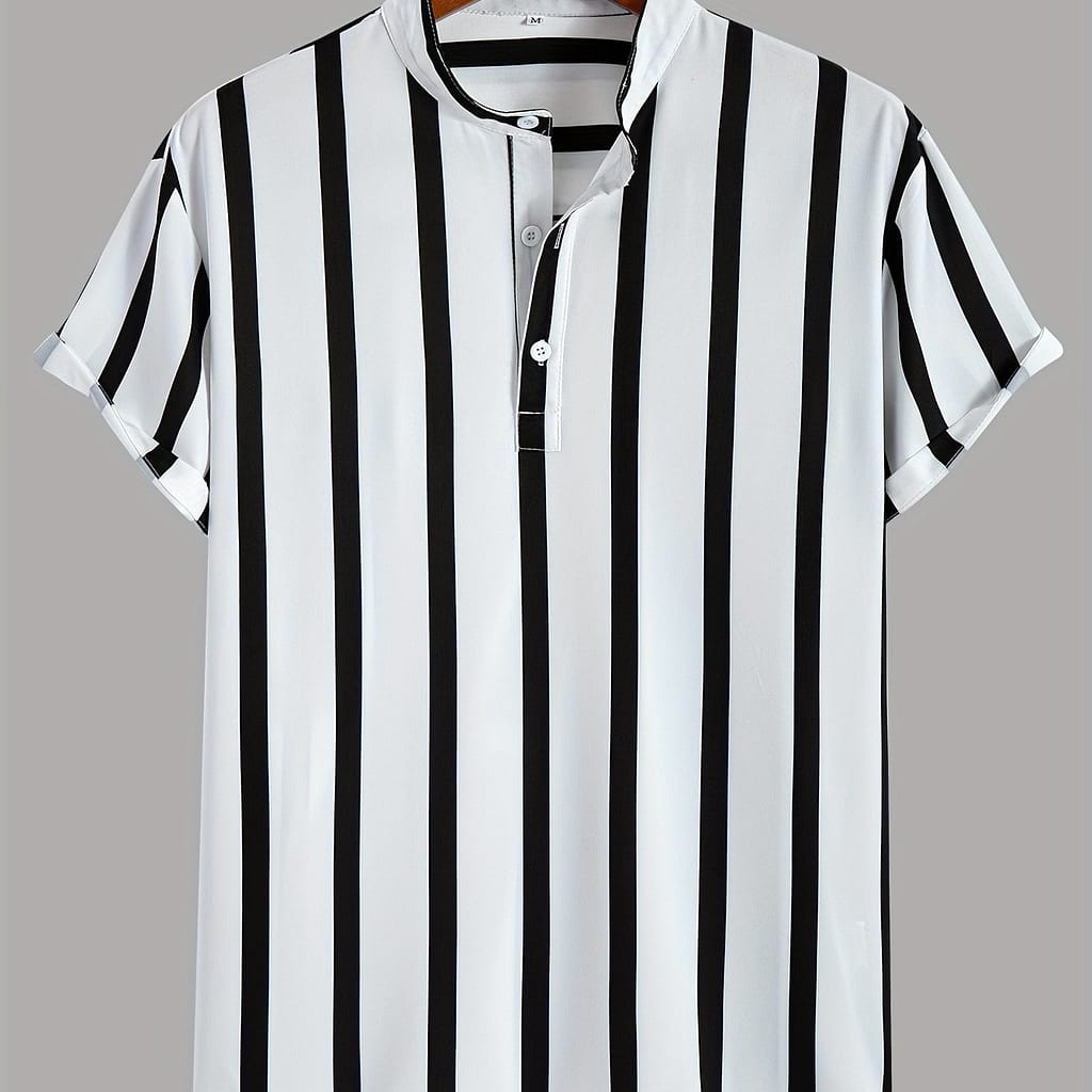 Men’s Casual Striped Short Sleeve Shirt With Stand Collar – Breathable Polyester, Non-stretch Fabric For Summer Button-Down Shirts Shop Online at Dubai Trades 2