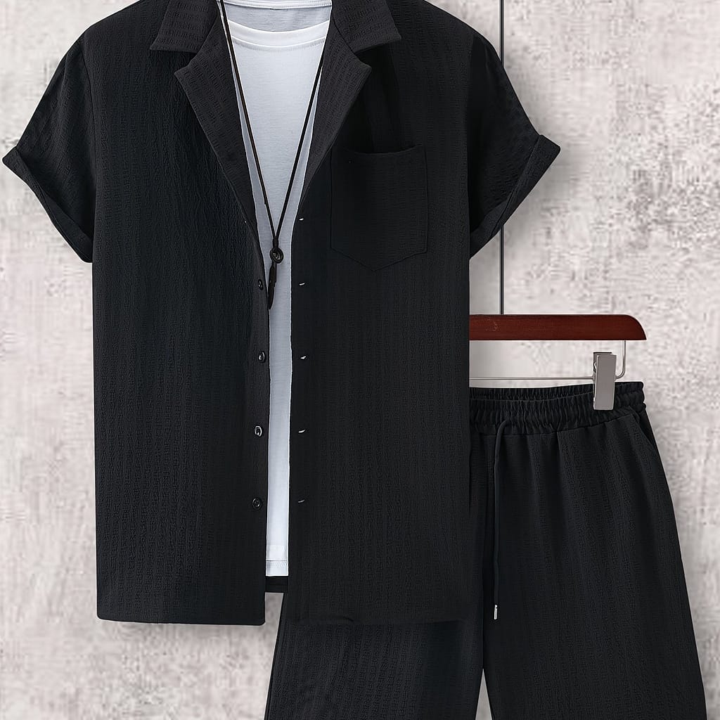 Men’s Casual Summer Outfit Set – Slim Fit Short Sleeve Button-up Shirt & Drawstring Shorts, Machine Washable Clothing Shop Online at Dubai Trades 2
