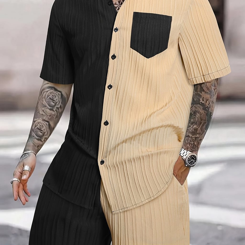 Men’s Casual Summer Polyester Shirt And Shorts Set, Regular Fit, Color Block, Lapel Collar, Slight Stretch Fabric, Lash Sets, Active Wear Active Shop Online at Dubai Trades 2