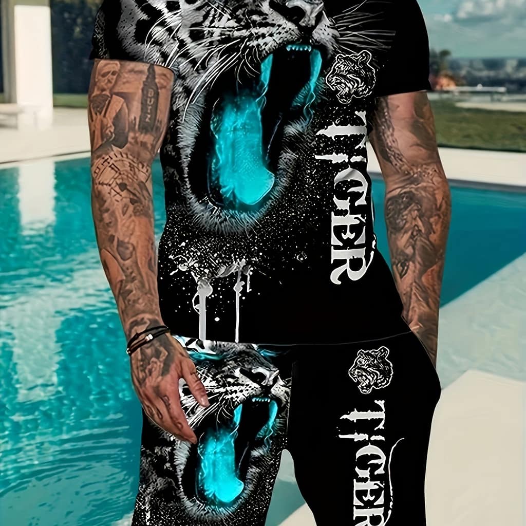 Men’s Casual Summer Short Sleeve Set – Breathable Polyester, Cool Leopard , Regular Neck Tee & Shorts Combo, Ideal For Casual Attire, Leopard Print Outfit Clothing Shop Online at Dubai Trades 2