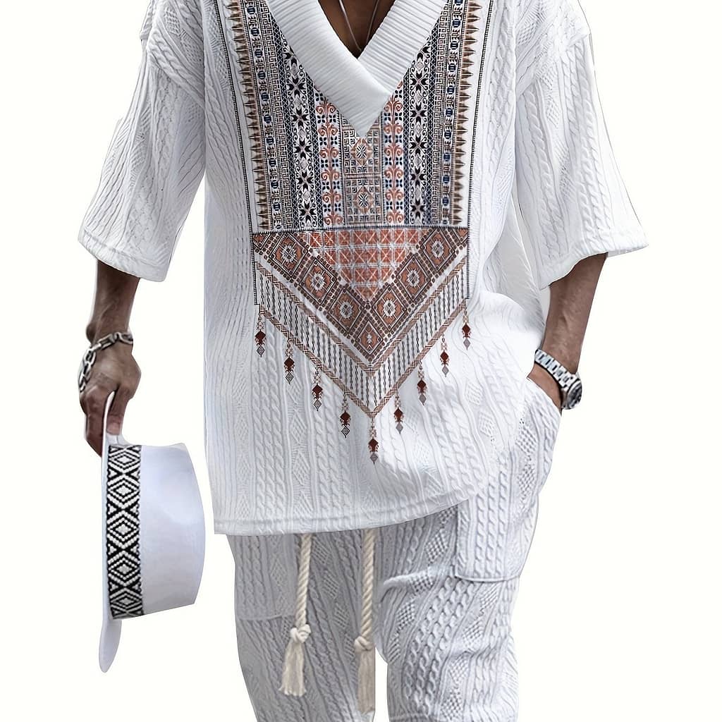 Men’s Casual Summer V-neck T-shirt & Shorts Set – 3d Print, Loose Fit, Short Sleeve, Non-stretch Polyester, Plus Size, Knit Active Shop Online at Dubai Trades 2