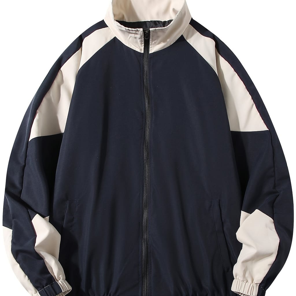 Men’s Color Block Zip-up Jacket – Stylish Preppy Style, Lightweight Polyester, Long Sleeve With Pockets, Ideal For Spring/fall Streetwear & Outdoor Activities Clothing Shop Online at Dubai Trades 2