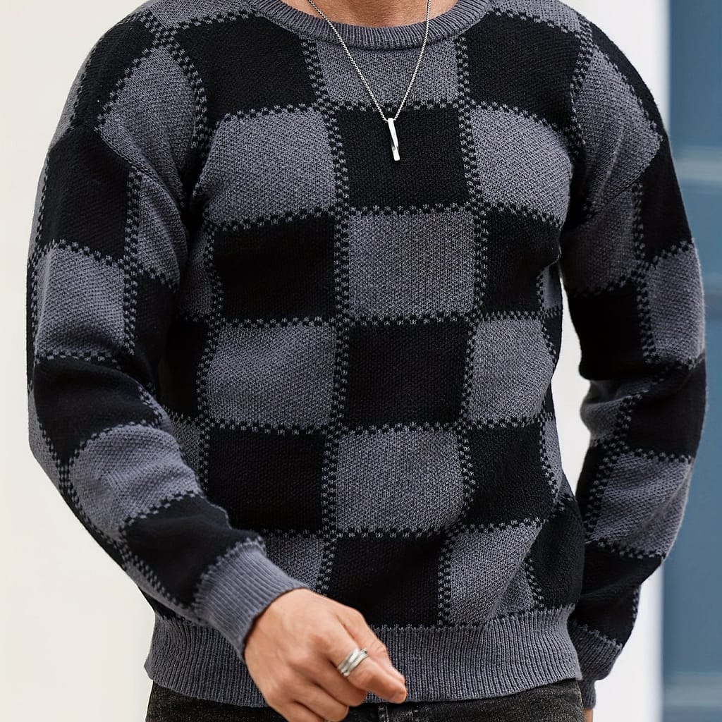 Men’s Color Blocking Textured Checked Trendy Sweater, Long Sleeve Pullover As Gift For Fall And Winter Clothing Shop Online at Dubai Trades 2