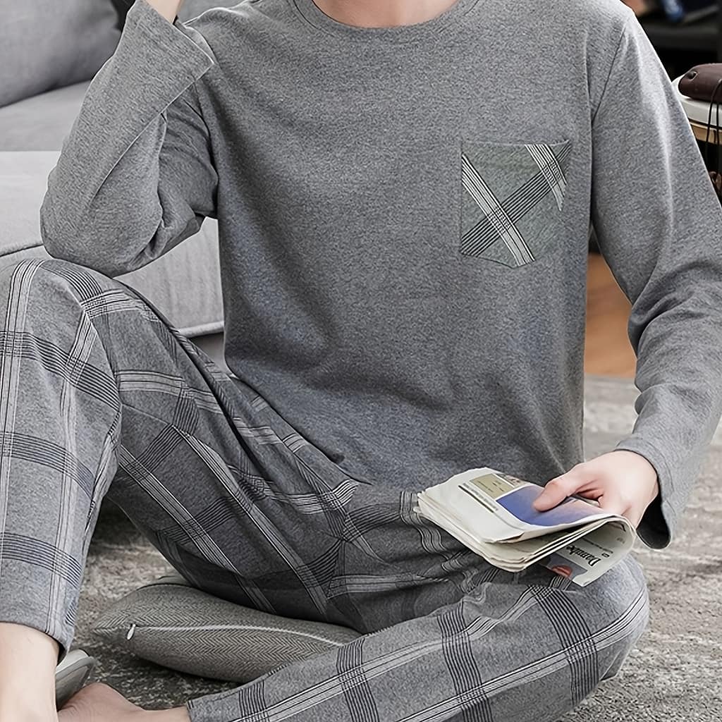 Men’s Cozy Gray Long Sleeve Round Neck Top With Plaid Pants Pajama Set – Polyester, Machine Washable, Ideal For Home Or Outdoor Wear Clothing Shop Online at Dubai Trades 2