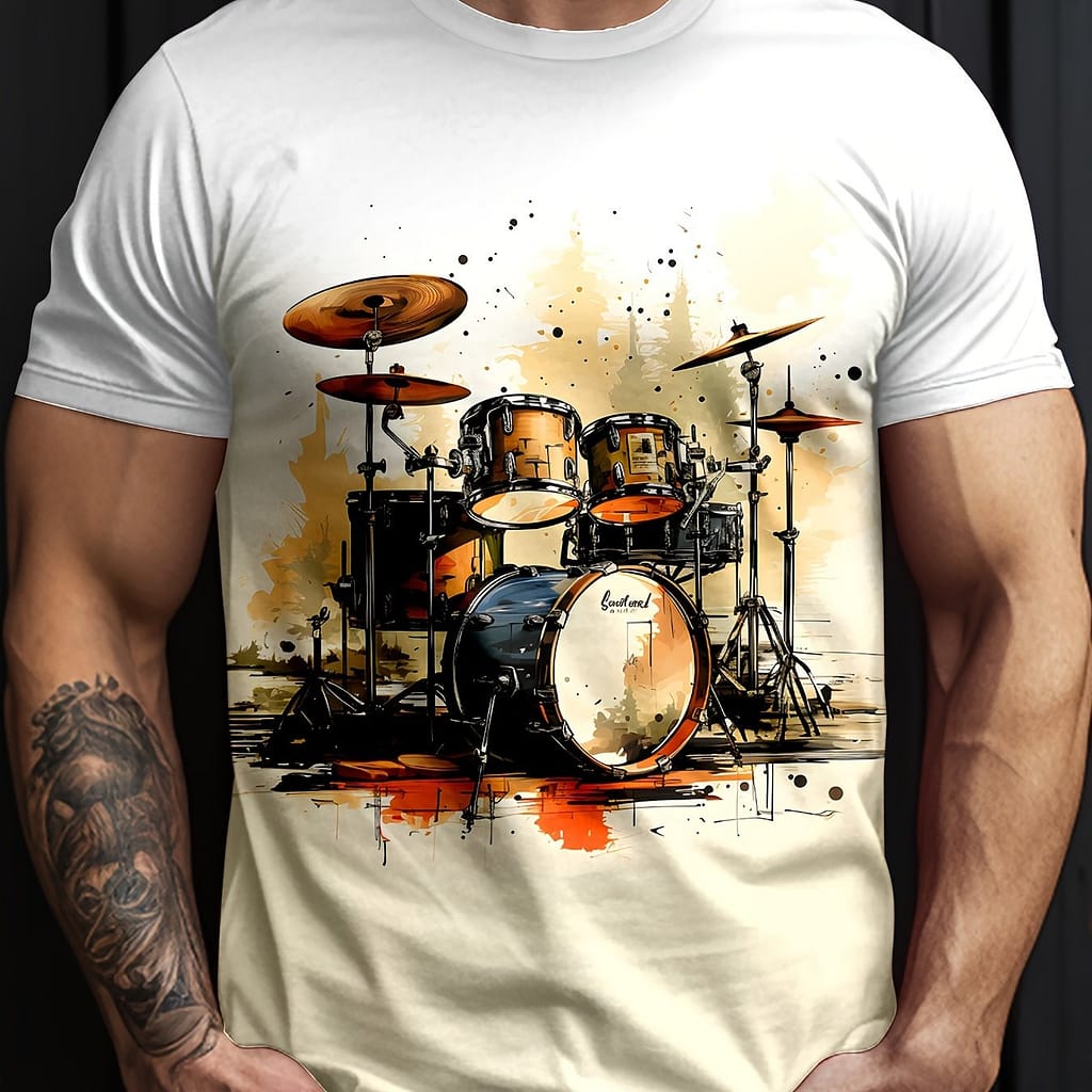 Men’s Drums Print T-shirt, Casual Short Sleeve Crew Neck Tee, Men’s Clothing For Outdoor Clothing Shop Online at Dubai Trades 2