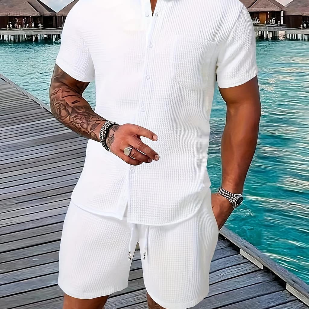 Men’s Fashion Waffle Casual Set, 2pcs Stylish Breathable Outfit, White Short Sleeve Golf Shirt & Shorts, Summer Wear Active Shop Online at Dubai Trades 2