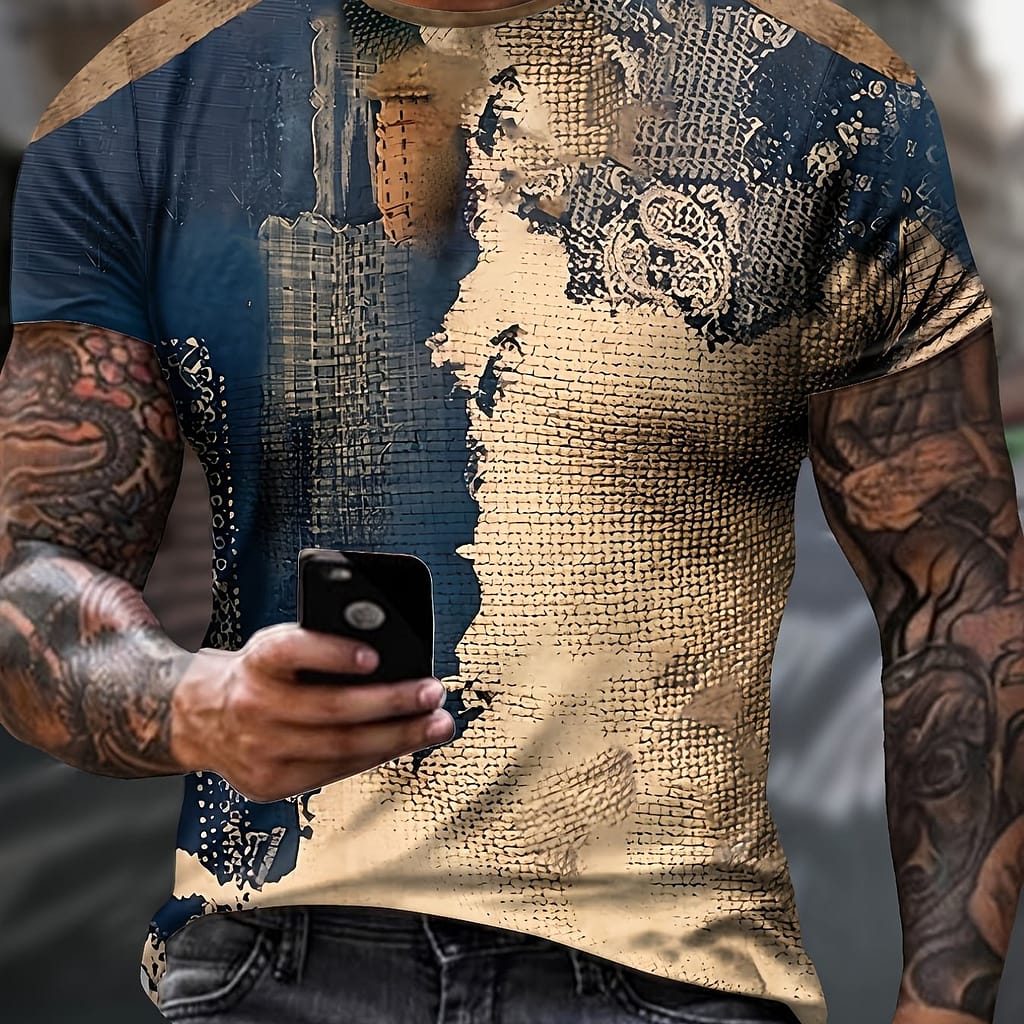 Men’s Geometric Graphic Pattern And Paint Mark Neck And Short Sleeve T-shirt, Casual And Stylish Tops For Summer Outdoors And Sports Wear Clothing Shop Online at Dubai Trades 2