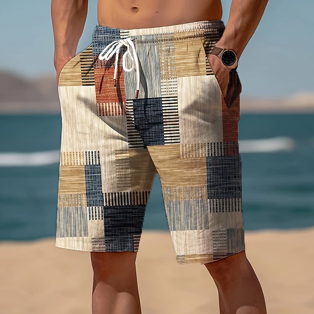 Men’s Geometric-patterned Casual Beach Shorts, 100% Polyester, Slight Stretch, Drawstring, Regular Fit, Woven Fabric, 120g/m² – European And Summer Fashion Clothing Shop Online at Dubai Trades 2