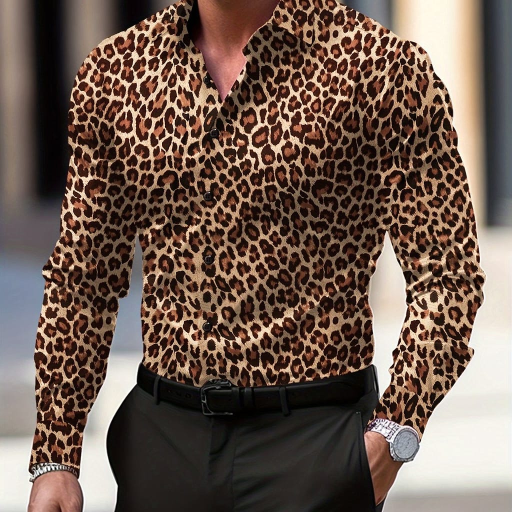 Men’s Leopard Skin Shirt, Casual Lapel Skinny Button Up Long Sleeve Shirt For Casual Button-Down Shirts Shop Online at Dubai Trades 2