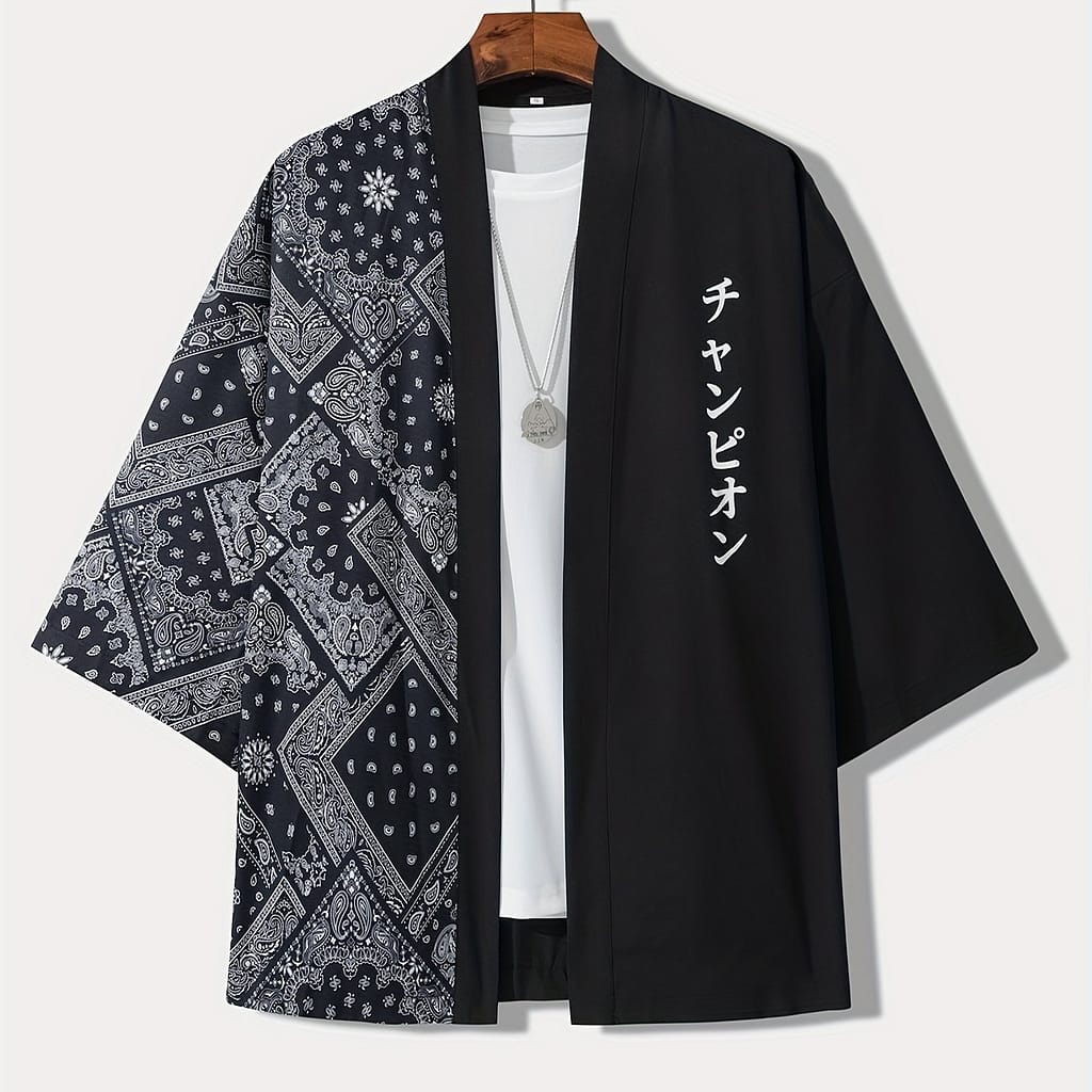 Men’s Lightweight Summer Kimono Cardigan With Black & And , 3/4 Sleeve Casual Polyester Shirt For Adults Casual Button-Down Shirts Shop Online at Dubai Trades 2