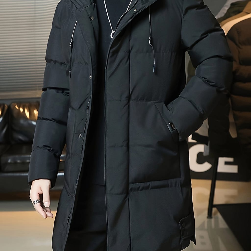 Men’s Long Hooded Jacket – Warm, Thick Polyester With Large Pockets, Zip-up Winter Coat For Casual Outfits, Black, Winter Outerwear | Spacious | Durable Winter Wear, Winter Clothes Clothing Shop Online at Dubai Trades 2