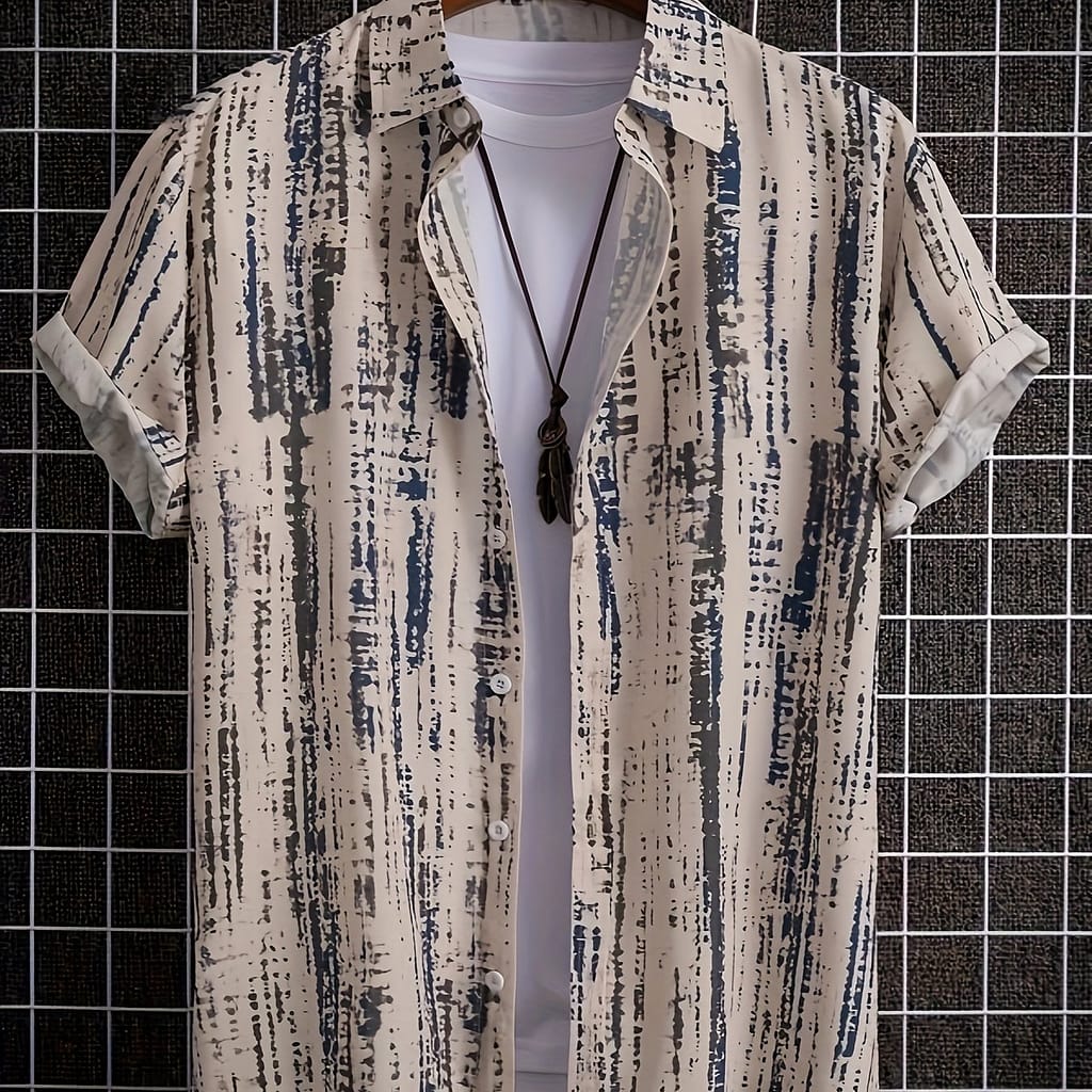 Men’s Loose Geometric Print Shirt, Casual Lapel Button Up Short Sleeve Shirt For Outdoor Activities Clothing, Shoes & Jewelry Shop Online at Dubai Trades 2