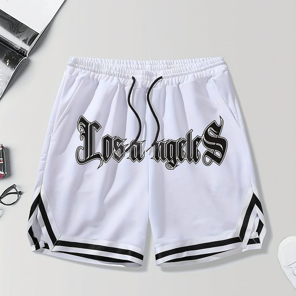 Men’s Los Angeles Print Basketball Shorts, Casual Loose Fit Polyester 100% Woven Fabric, Non-stretch Sports Shorts With Drawstring For Workout & Outdoor, Alphabet Pattern Clothing Shop Online at Dubai Trades 2