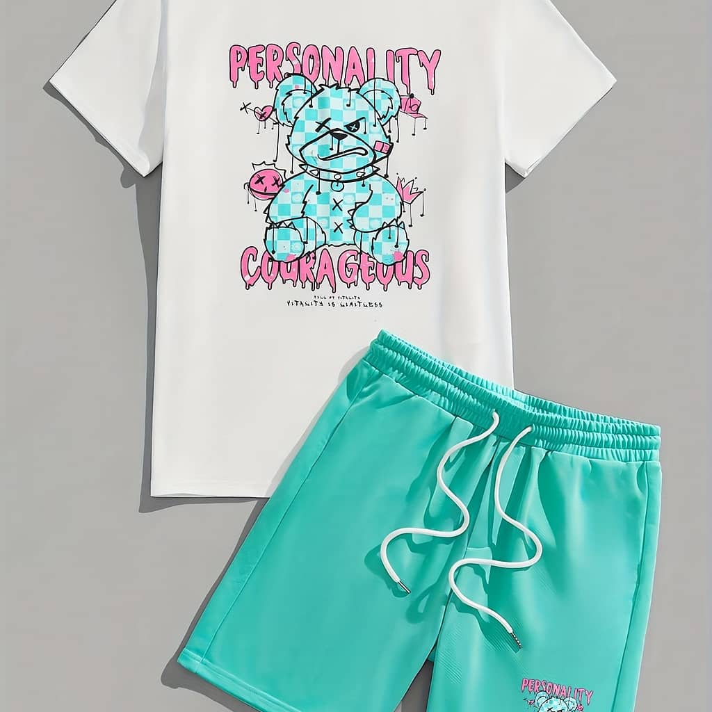 Men’s Outfit, Bear Casual Crew Neck Short Sleeve T-shirt & Drawstring Shorts 2-piece Set For Summer Outdoor Activities Active Shop Online at Dubai Trades 2