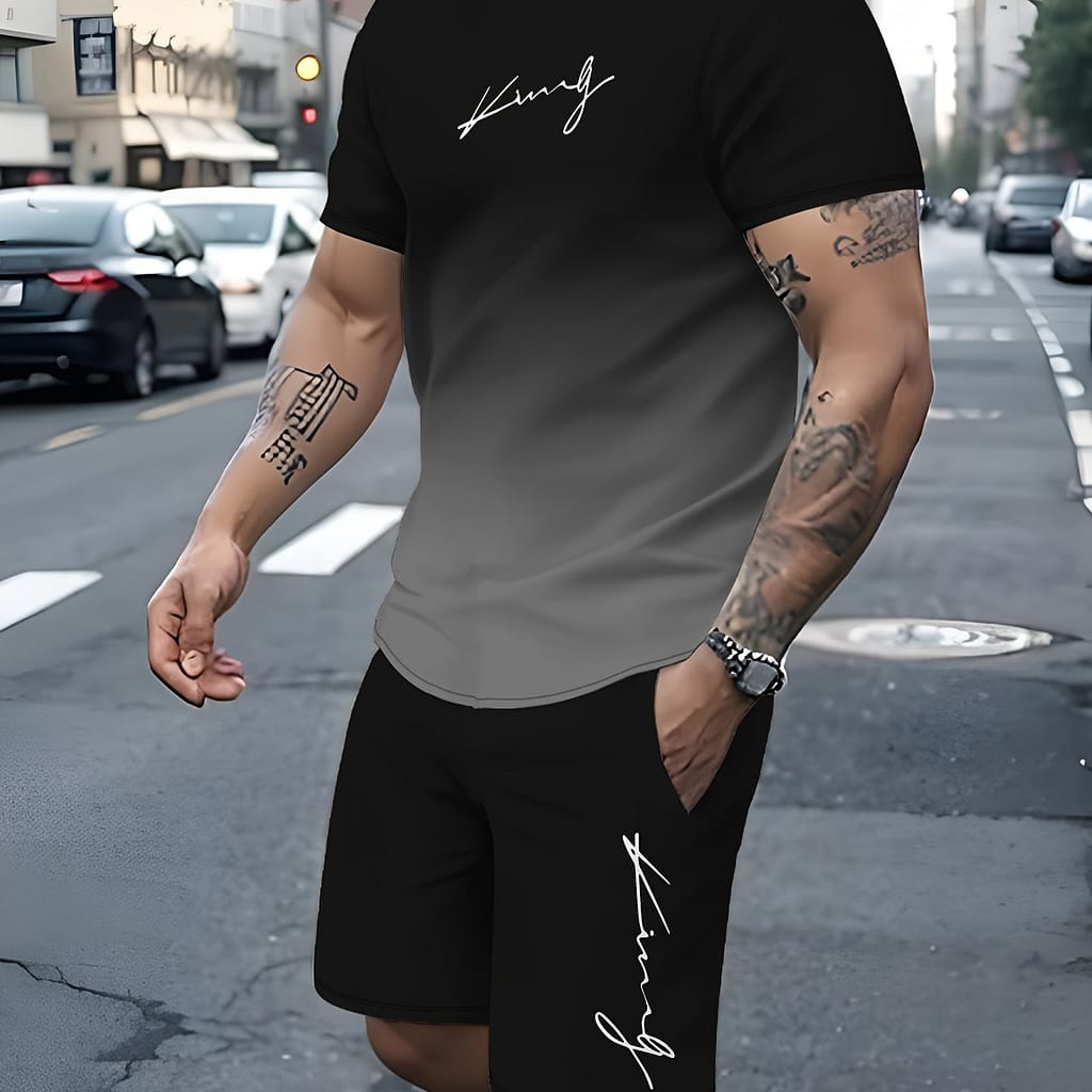 Men’s Outfit, Gradient Color King Graphic Print Casual Crew Neck Short Sleeve T-shirt & Drawstring Shorts 2-piece Set For Summer Outdoor Activities Active Shop Online at Dubai Trades 2