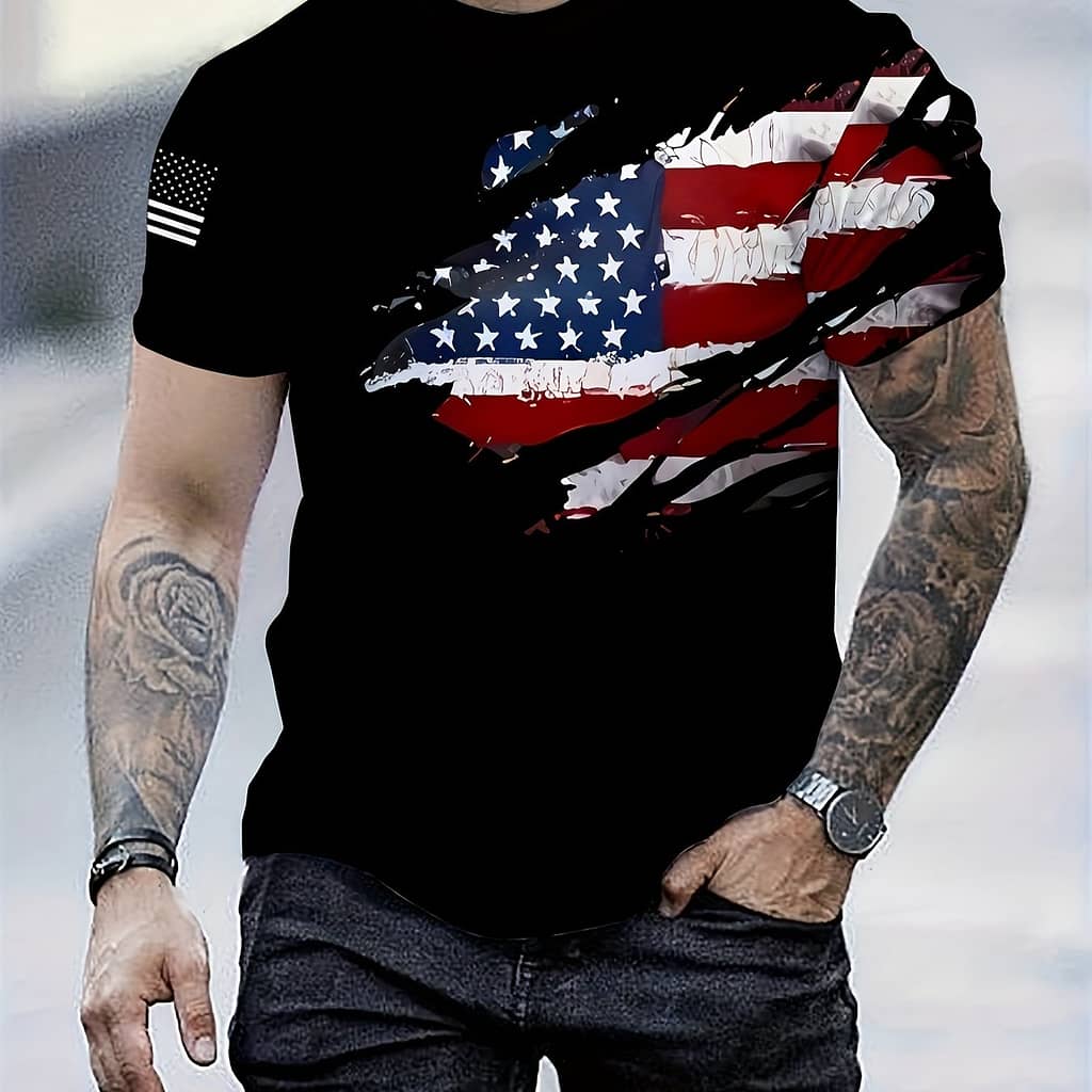 Men’s Patriotic American Flag 3d Print T-shirt – Casual Crew Neck, Short Sleeve, Lightweight Polyester Tee For Summer Outdoor Activities, American Flag Clothes Clothing Shop Online at Dubai Trades 2