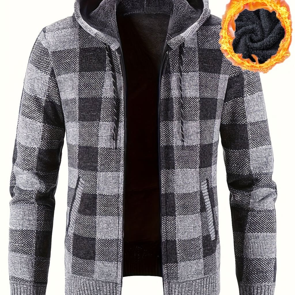 Men’s Plush-lined Thick Fleece Hooded Cardigan – Warm & Gingham Sweater With Zipper Front For Autumn/winter, Long Sleeve, Polyester, Autumn Winter Wear||knitted Texture Cardigans Shop Online at Dubai Trades 2