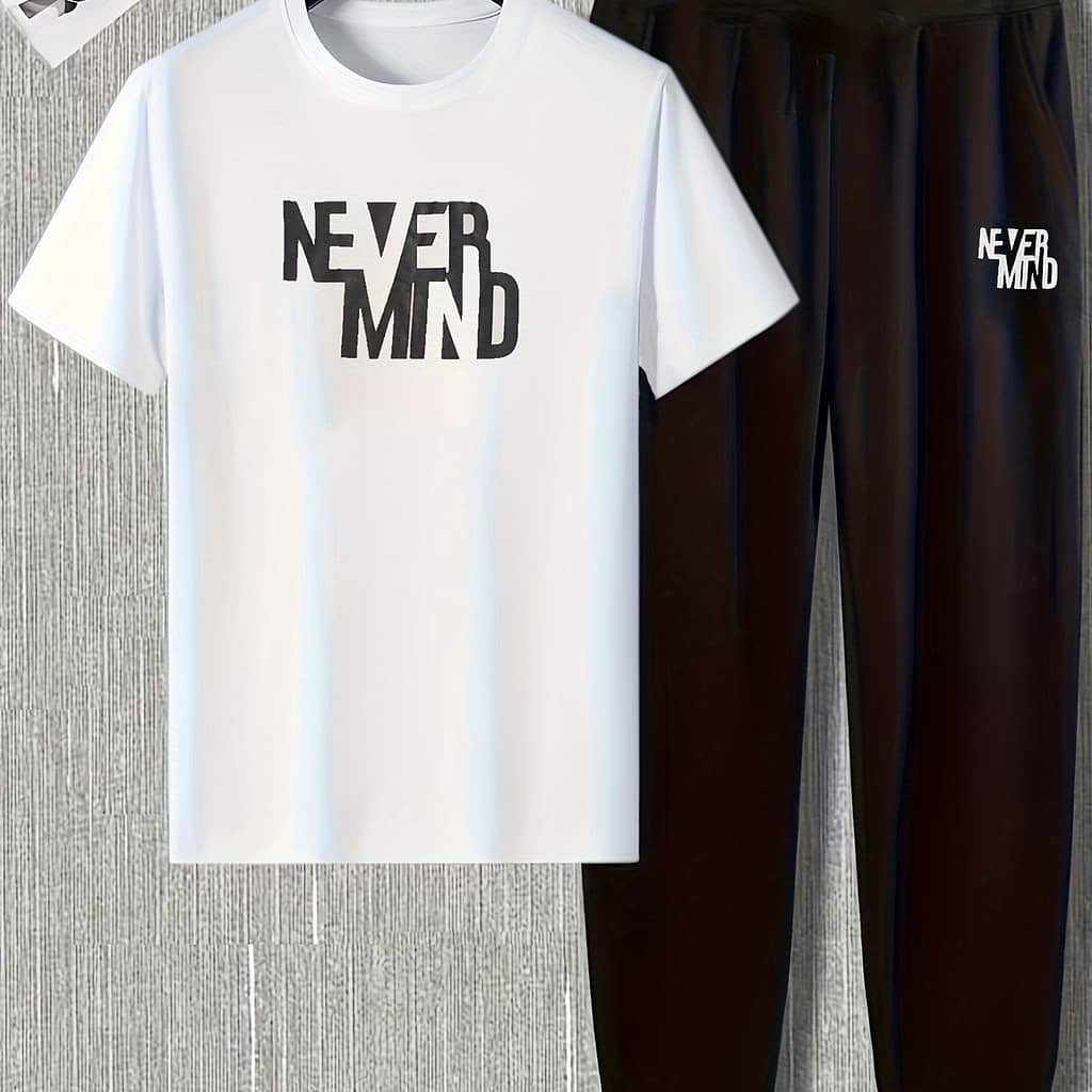 Men’s Polyester Pajama Set, Crew Neck Short Sleeve T-shirt With Alphabet Print & Comfortable Stretch Pants, Casual Loungewear, Regular Fabric Sleepwear Clothing Shop Online at Dubai Trades 2