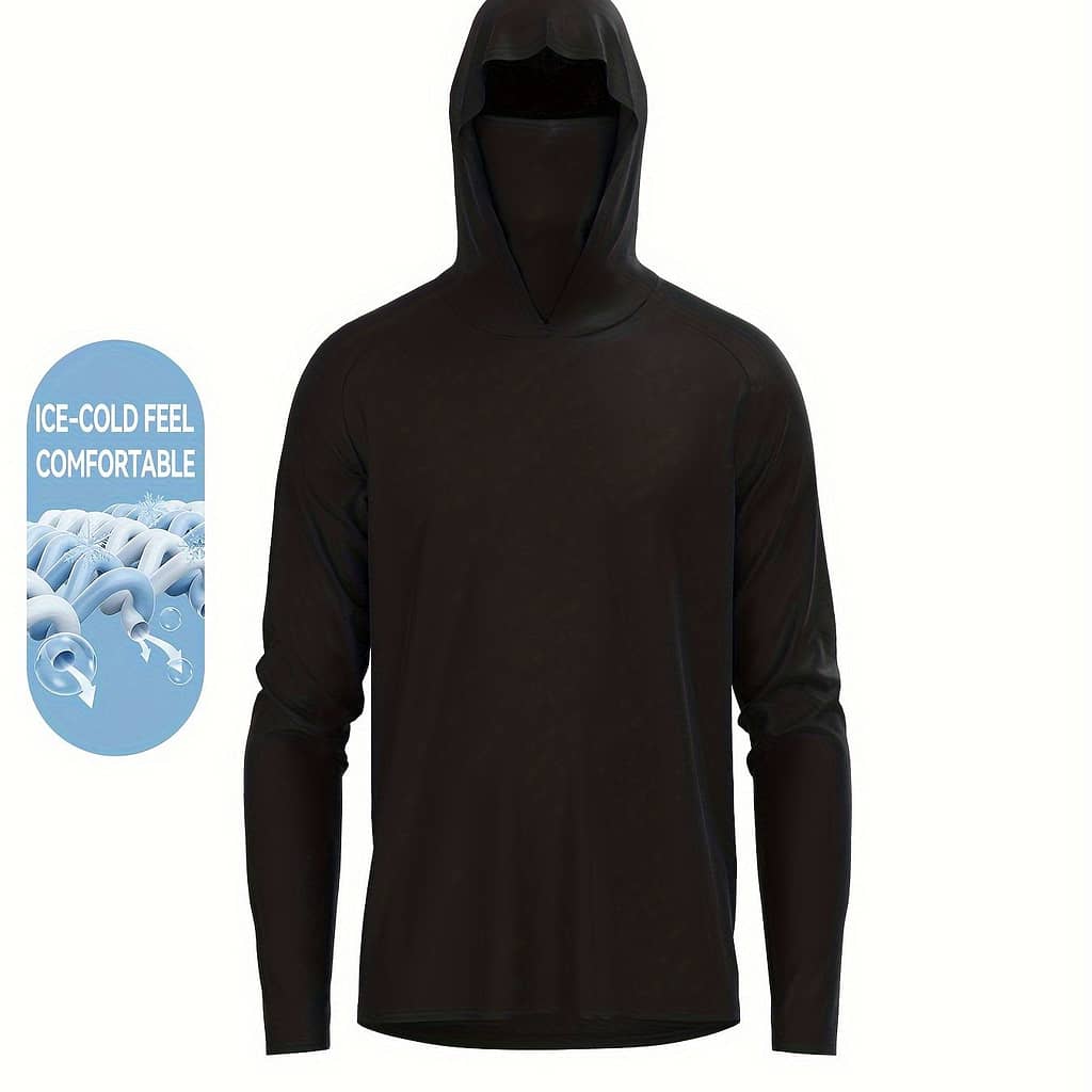 Men’s Protection Hooded Shirt With Mask, Active Long Sleeve Comfortable High Stretch Rash Guard For Fishing Hiking Outdoor Clothing Shop Online at Dubai Trades 2