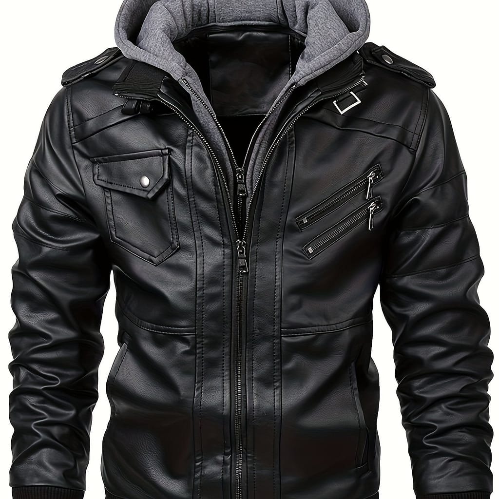 Men’s Pu Leather Jacket With Pockets, Casual Zip Up Long Sleeve Hooded Jacket For Outdoor Active Shop Online at Dubai Trades 2