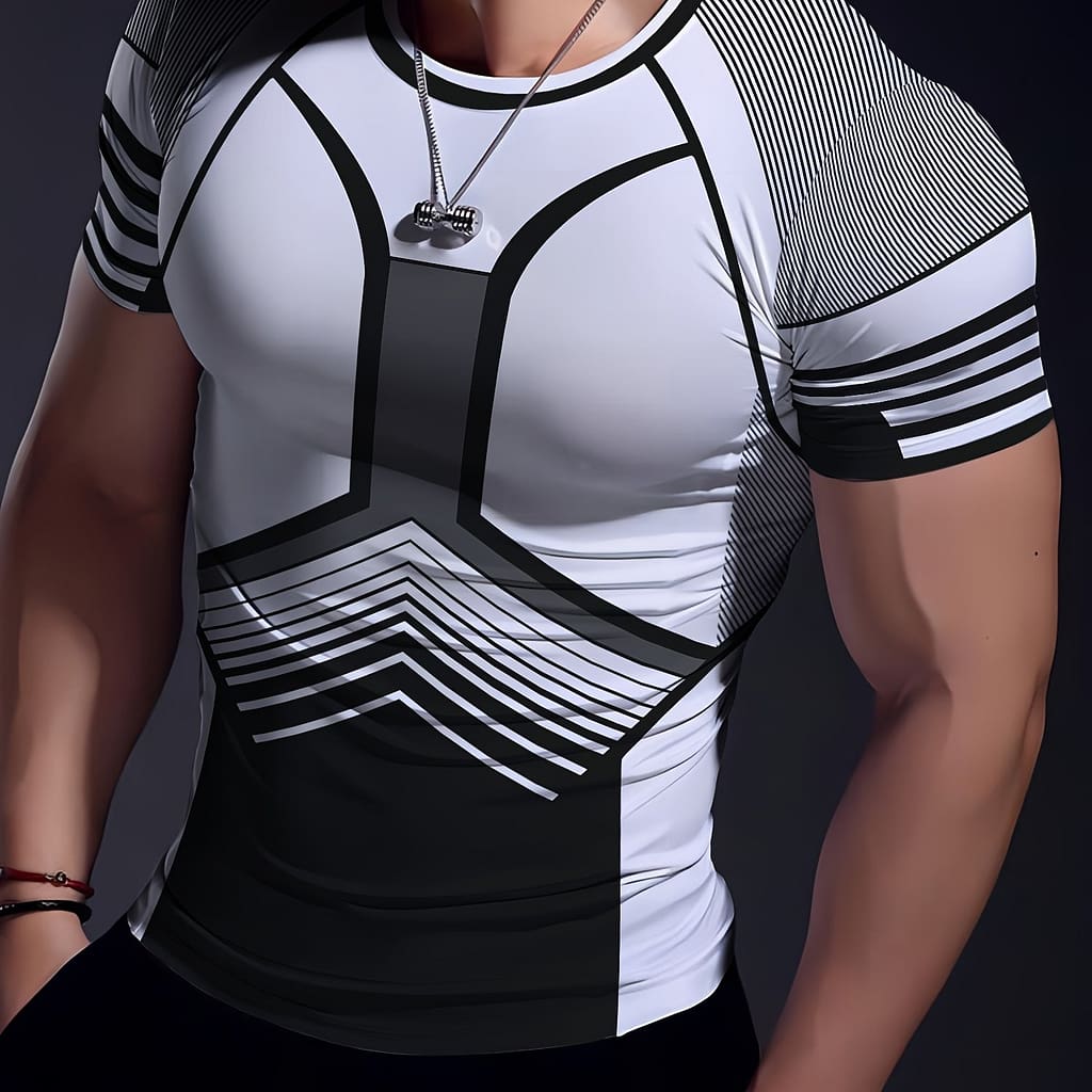 Men’s Quick-dry Athletic T-shirt With Geometric Print – High Stretch, Short Sleeve Crew Neck For Fitness & Training Base Layers & Compression Shop Online at Dubai Trades 2