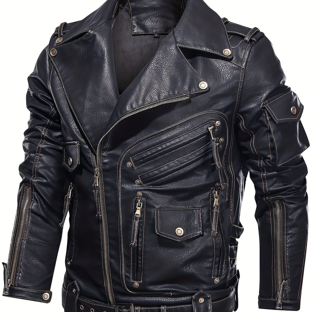 Men’s Retro Biker Jacket With Zipper Pockets – Stylish Black Coat For Spring & Fall, Loose Fit, Multiple Zippers & Studded Details, Polyester Lining Clothing Shop Online at Dubai Trades 2