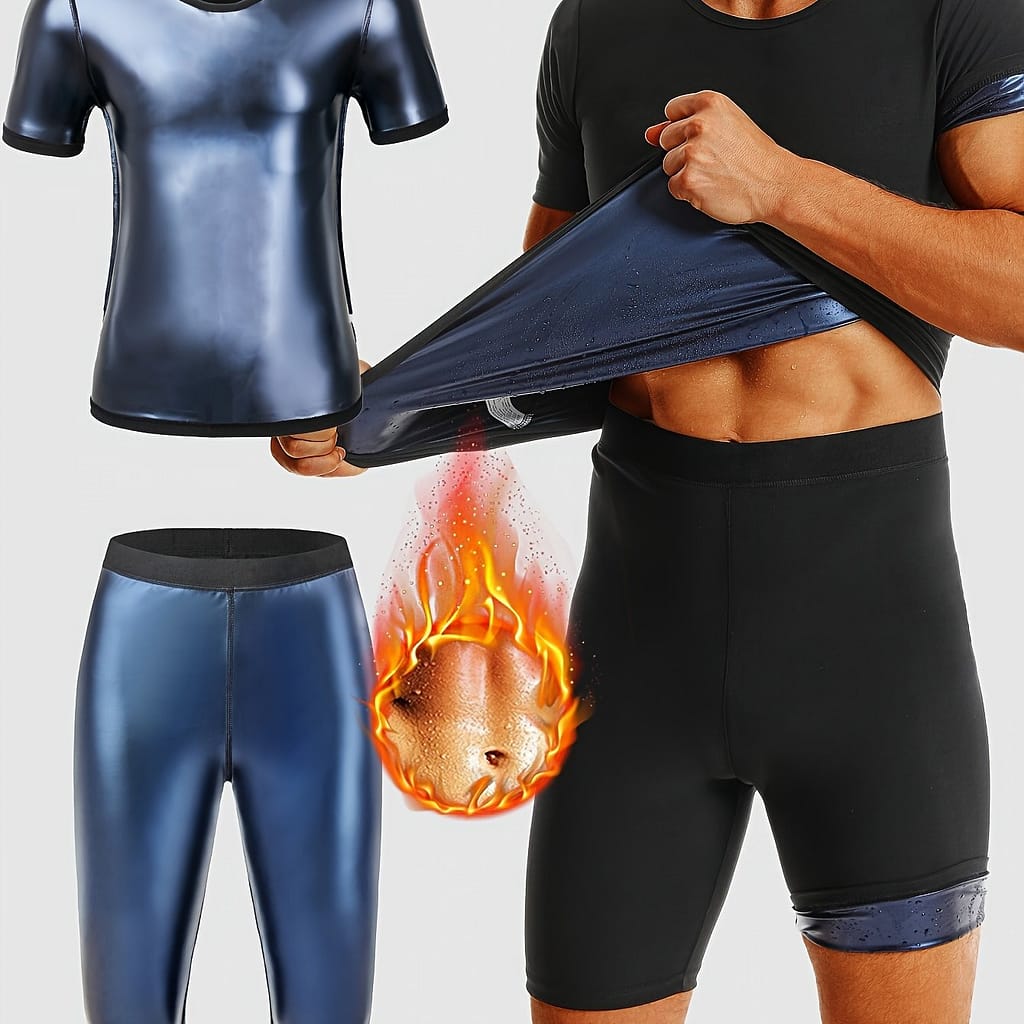 Men’s Sauna Sports Outfit – Sweat-enhancing Short Sleeve Top & High Waist Shorts Set – Gym Shaper For Men Clothing Shop Online at Dubai Trades 2
