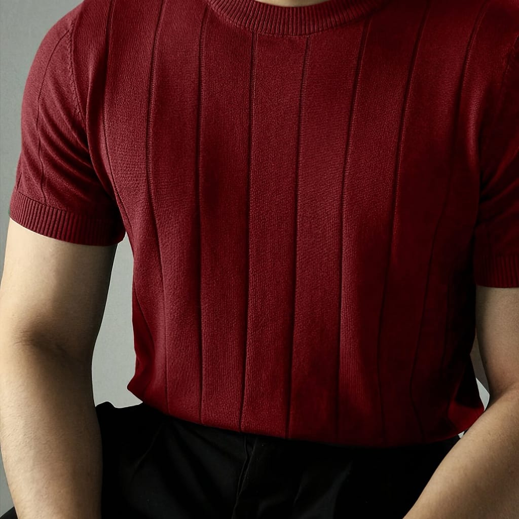 Men’s Short Sleeve Crew Neck Knit Sweater – Solid Red, -blend, Stretch Fabric, Ideal For Outdoor & Casual Wear, Clothing Shop Online at Dubai Trades 2
