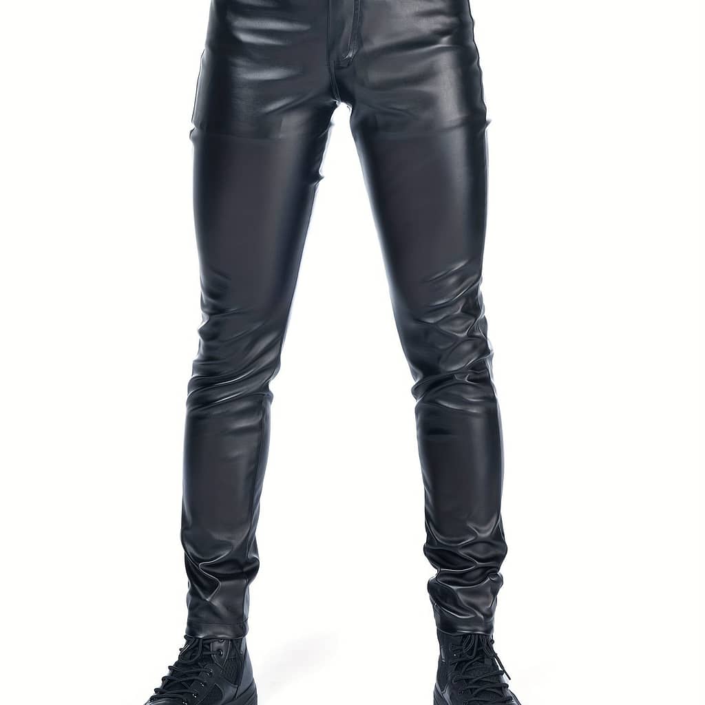 Men’s Slim Fit Stretch Pu Leather Biker Pants – Casual Mid-rise, Button Detail, Glossy Finish For Spring & Fall, Attire | Fashionforward Trousers | Zipper Closure Casual Shop Online at Dubai Trades 2