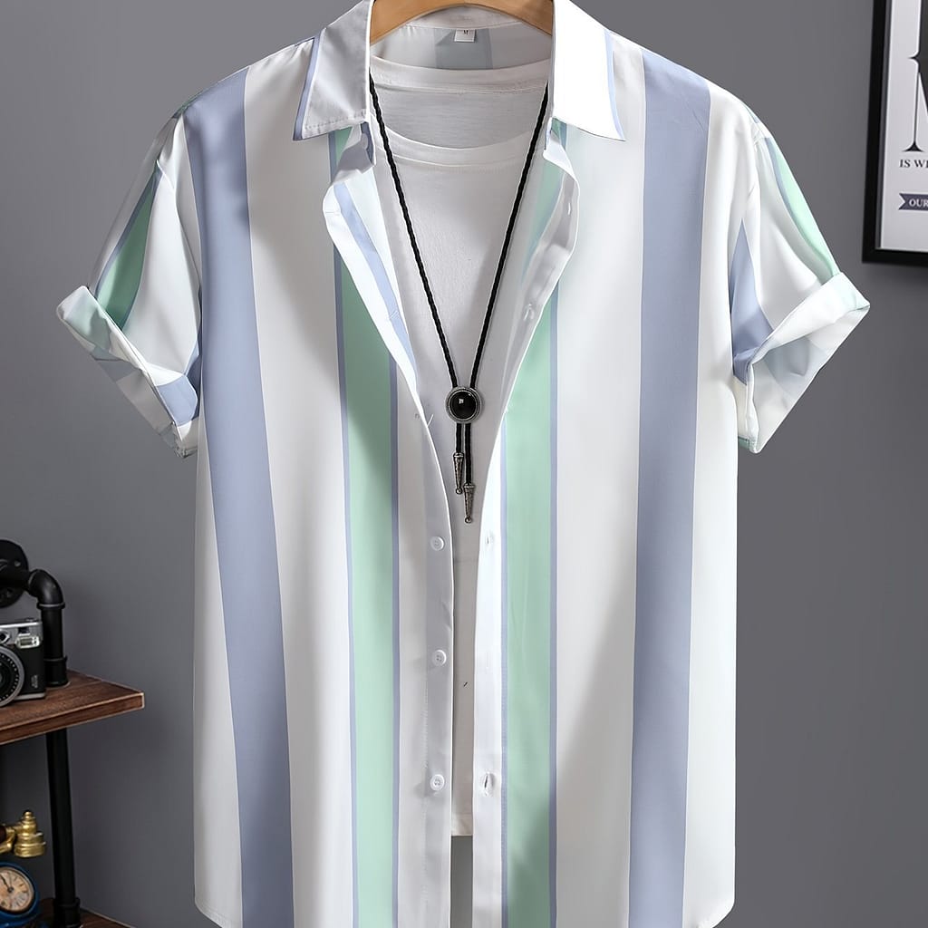 Men’s Striped Shirt, Casual Lapel Button Up Short Sleeve Shirt For Summer Outdoor Activities Button-Down Shirts Shop Online at Dubai Trades 2