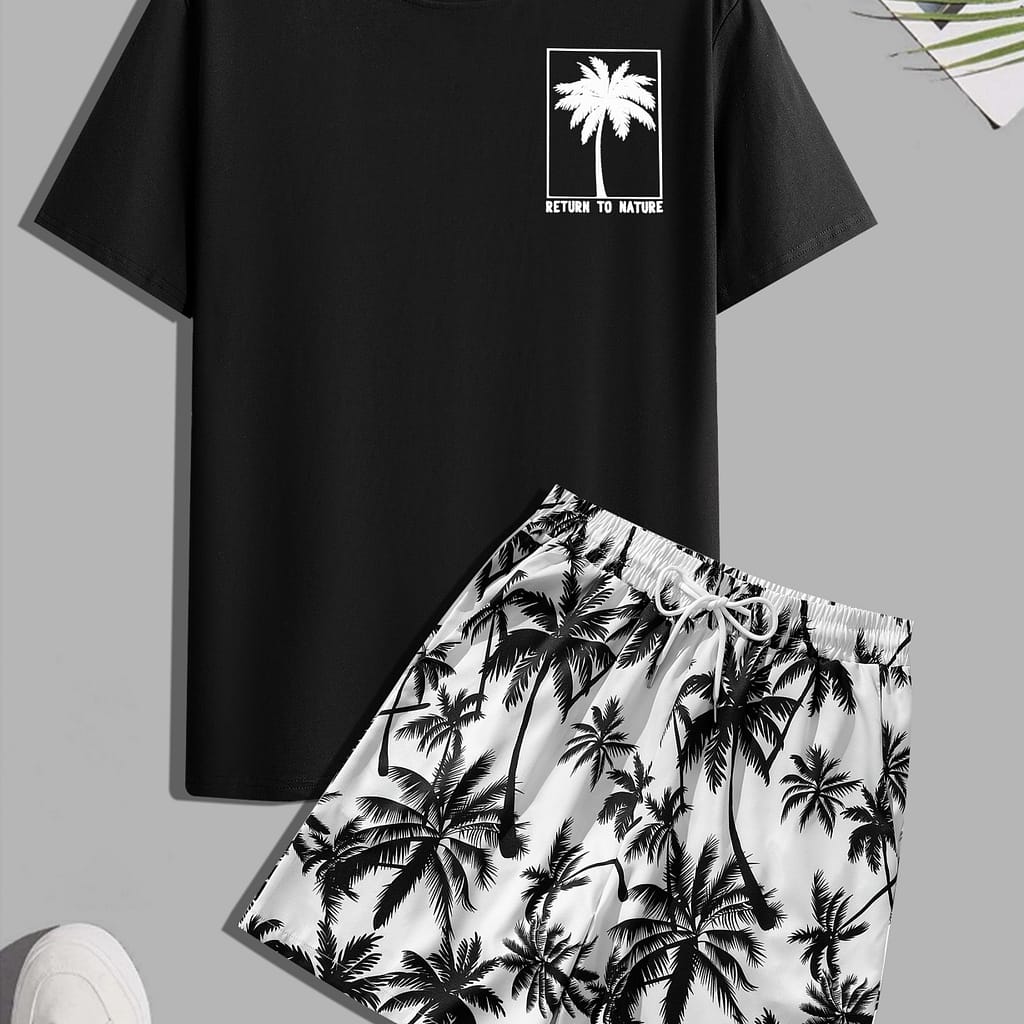 Men’s T603# Round Neck Tropical Print Short Sleeve T-shirt + Drawstring Waist Random Pattern Shorts Set Active Shop Online at Dubai Trades 2