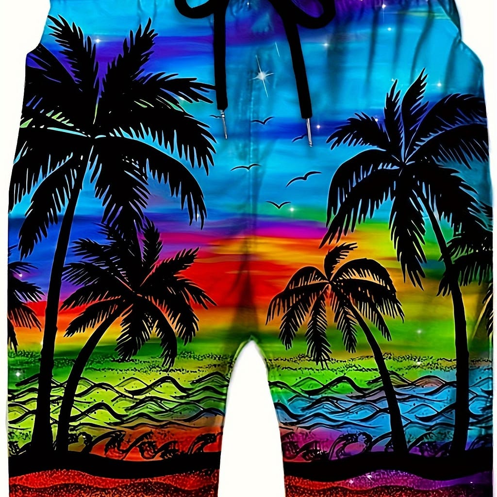 Men’s Tree Print Beach Shorts – Casual Drawstring Waist, Lightweight Polyester, Striped Design, Summer , Beach Accessories Clothing Shop Online at Dubai Trades 2