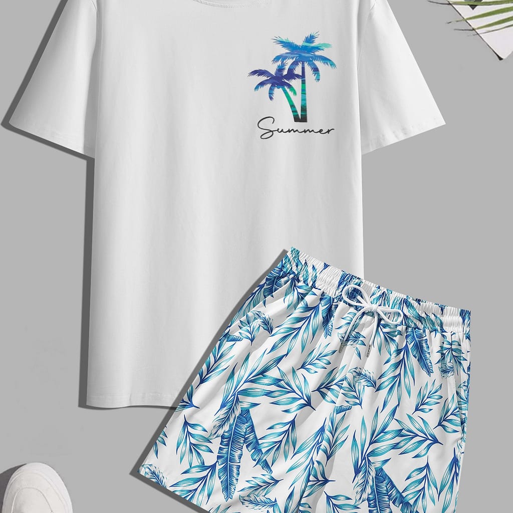 Men’s Tropical Coconut Tree Print 2pcs Set: Casual Short Sleeve Tee & Drawstring Beach Shorts – Summer, Poolside & Outdoor Activities Active Shop Online at Dubai Trades 2
