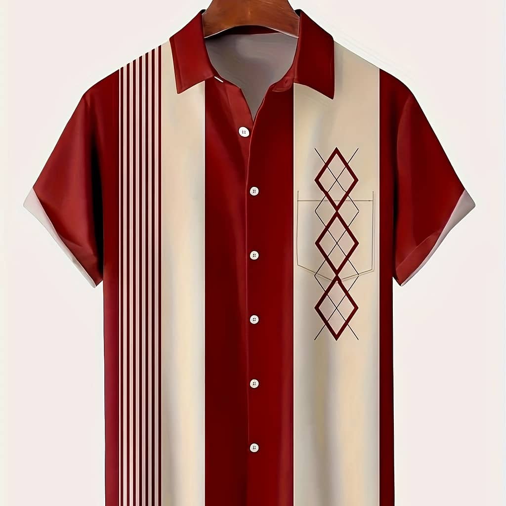 Men’s Vintage Geometric Shirt With Chest Pocket, Polyester 100% Short Sleeve, Summer Lapel Collar, Single Breasted, Woven Fabric, Regular Fit – Ideal For Weekend & Vacation Casual Button-Down Shirts Shop Online at Dubai Trades 2
