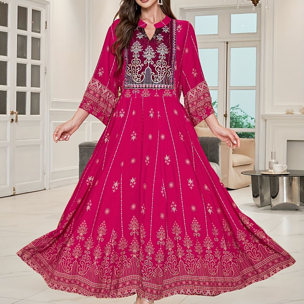 Middle Eastern Bohemian Style Embroidered Maxi Dress Ethnic Vintage Long Skirt Casual Vacation Beach Dress Plus Size Clothing Shop Online at Dubai Trades 2