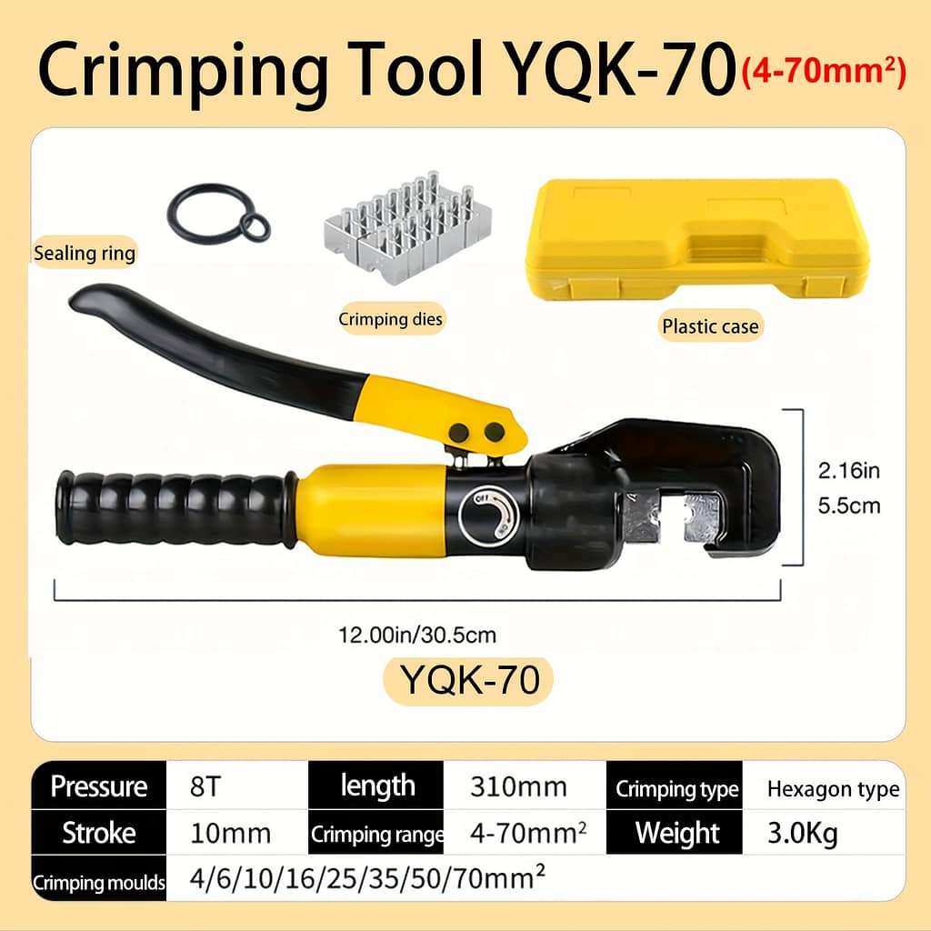 Myousho Hydraulic Crimping Tool With 8 Crimping Dies – No Power Required, Head, 180° Rotation, Vinyl-dipped Grip For Copper & Aluminum Cables (4-70mm Pressure Range) Crimpers Shop Online at Dubai Trades 2