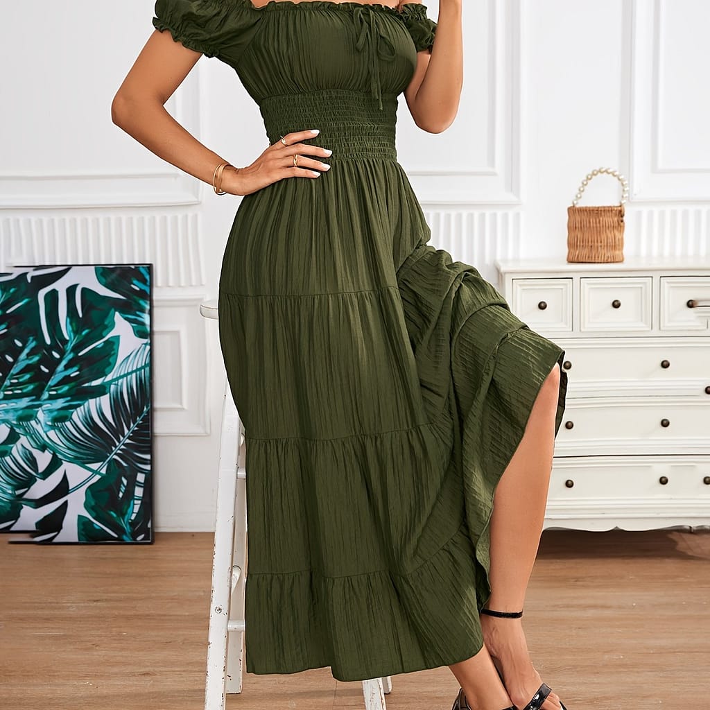 Off Shoulder Shirred Waist Dress, Elegant Aline Smocked Maxi Dress For , Women’s Clothing Clothing Shop Online at Dubai Trades 2