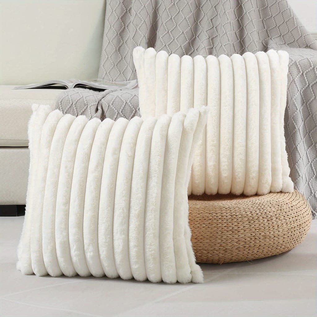Pack Of 2, Fur Plush Decorative Throw Pillow Covers, Luxury Striped Soft Pillowcase Cushion Covers For Sofa Couch Bedroom, Cream White Decorative Pillows Shop Online at Dubai Trades 2