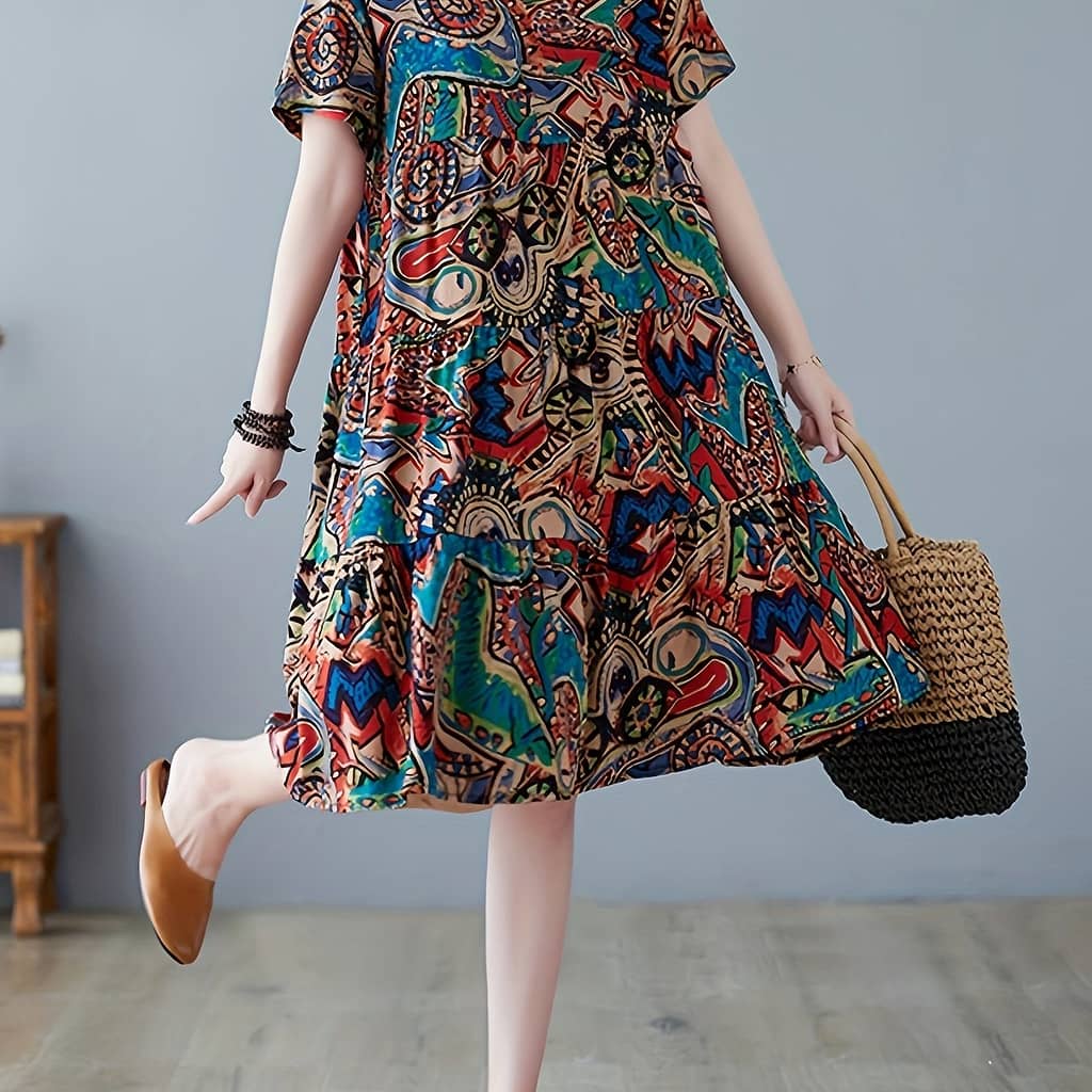 Paisley Print Crew Neck Dress, Casual Short Sleeve Loose Fit Dress For , Women’s Clothing Clothing Shop Online at Dubai Trades 2