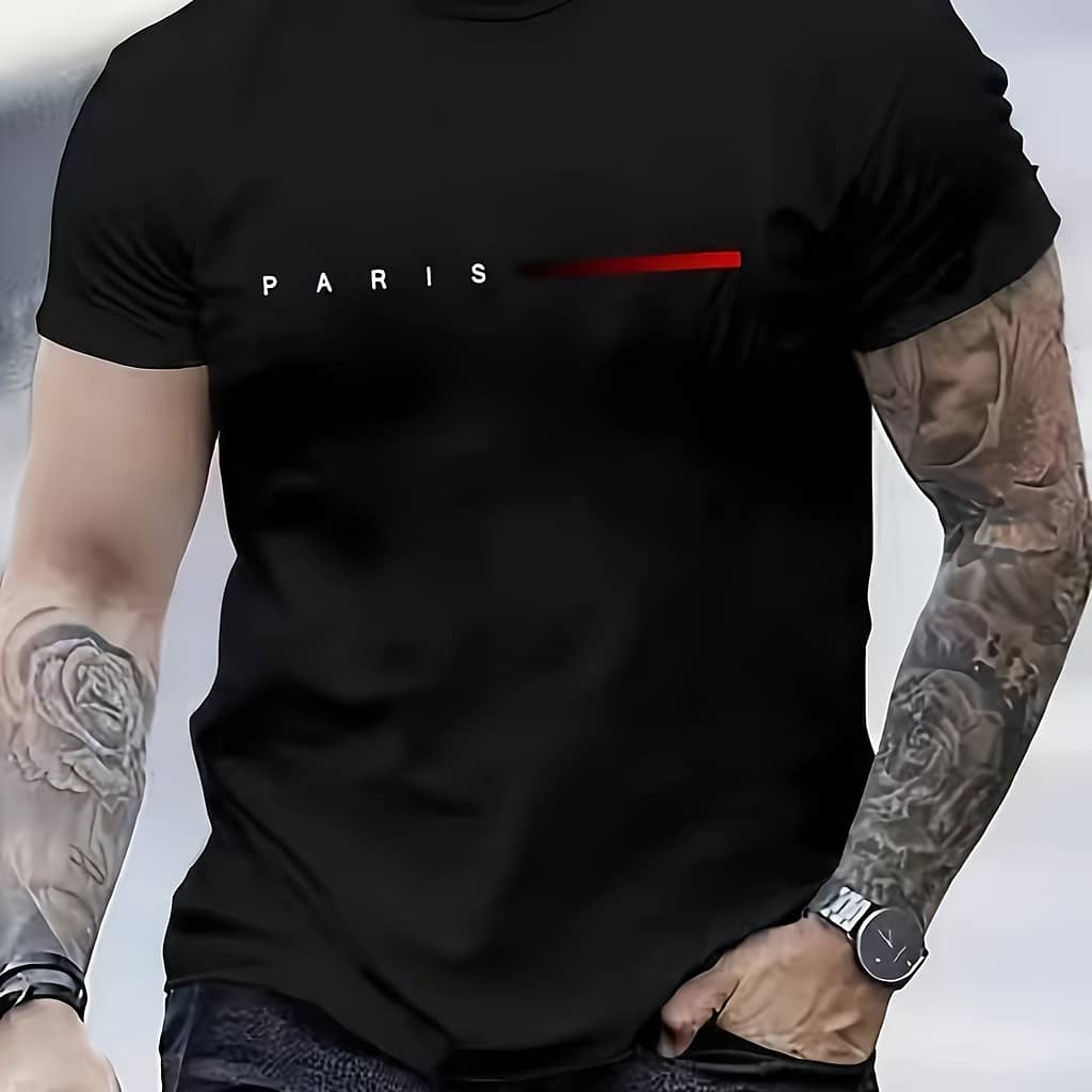 Paris Letters Print Men’s Fashion Comfy Breathable Novelty T-shirt New Casual Neck Short Sleeve Tee For Spring Summer Holiday Leisure Vacation Men’s Clothing As Gift Active Shirts & Tees Shop Online at Dubai Trades 2