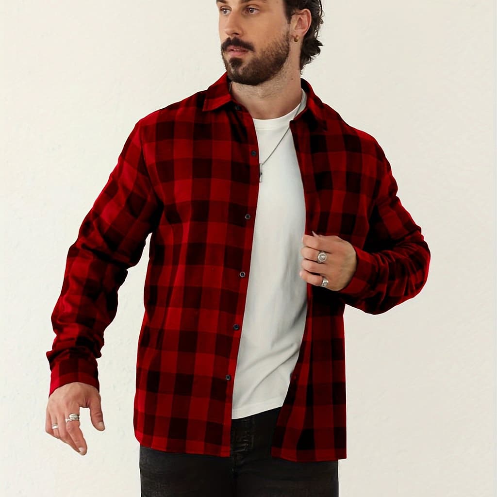 Plaid Long Sleeve Shirt – Casual, Breathable Polyester With Lapel Collar, Button-up Closure – Ideal For City & Outdoor Activities Casual Button-Down Shirts Shop Online at Dubai Trades 2