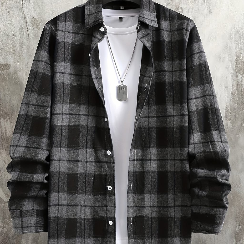 Plaid Long Sleeve Shirt – Polyester, Machine Washable, Non-stretch Fabric, Lapel Collar – Versatile For Casual Button-Down Shirts Shop Online at Dubai Trades 2
