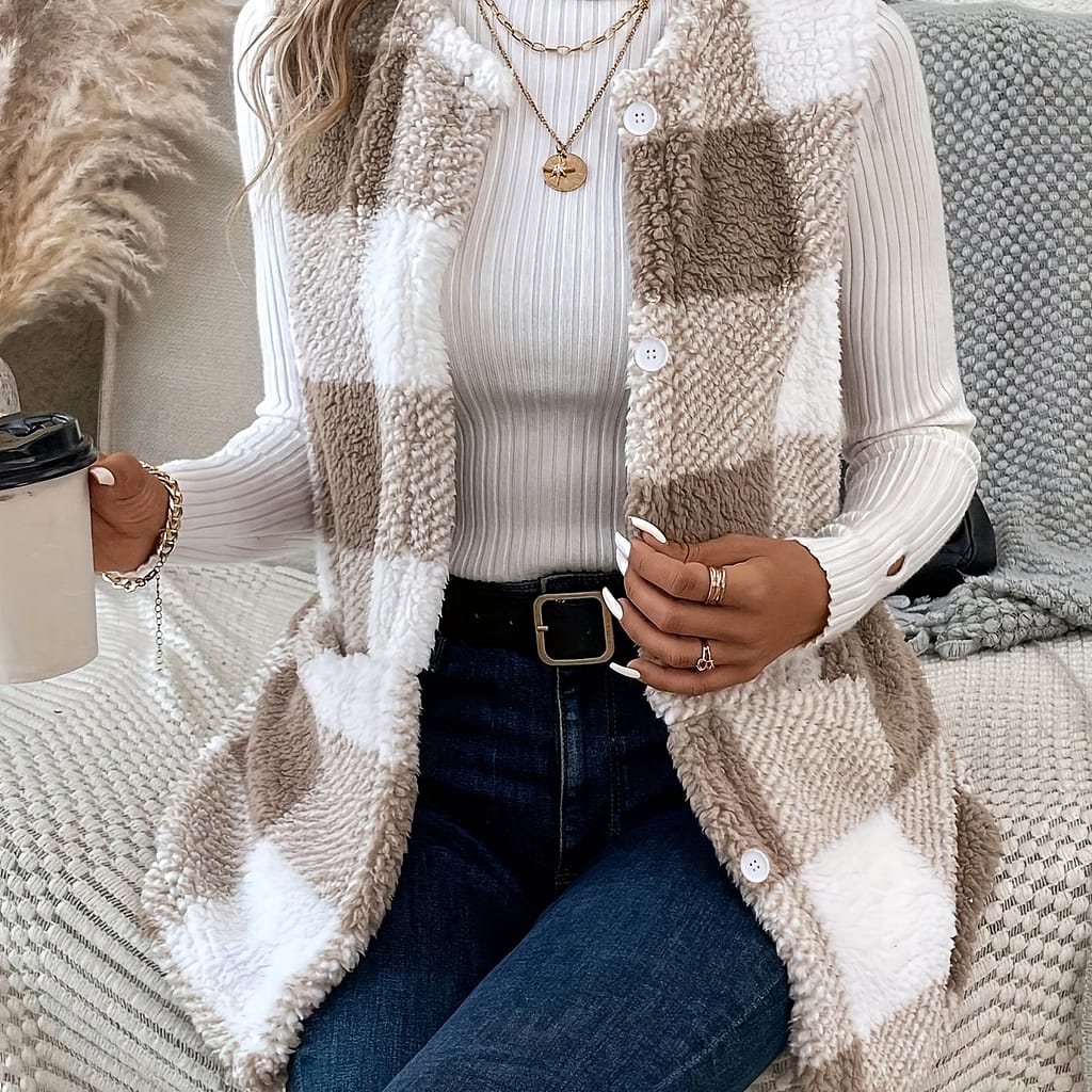 Plaid Open Front Teddy Vest, Casual Sleeveless Winter Vest With Pocket, Women’s Clothing Clothing Shop Online at Dubai Trades 2