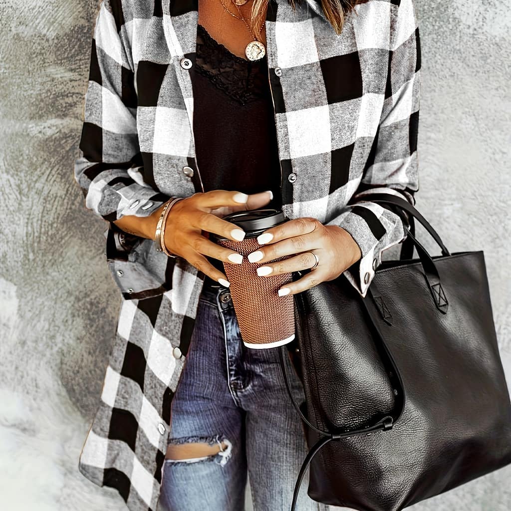 Plaid Print Button Front Shirt, Casual Long Sleeve Shirt For Spring & Fall, Women’s Clothing Blouses Shop Online at Dubai Trades 2