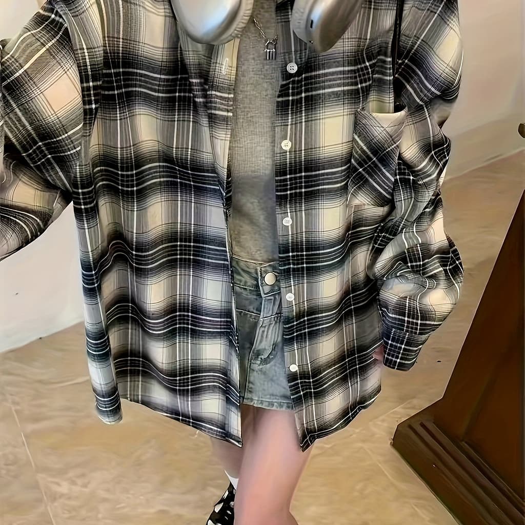 Plaid Print Collar Button Shirt, Casual Pocket Long Sleeve Shirt For Spring & Fall, Women’s Clothing Blouses Shop Online at Dubai Trades 2