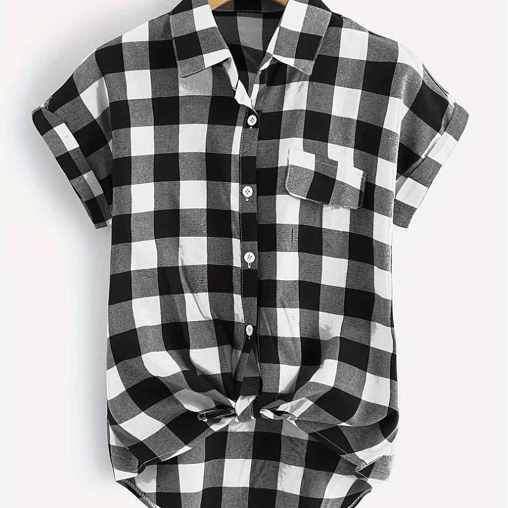 Plaid Print Single-breasted Blouse, Casual Collared Knot Front Short Sleeve Blouse For , Women’s Clothing Blouses Shop Online at Dubai Trades 2