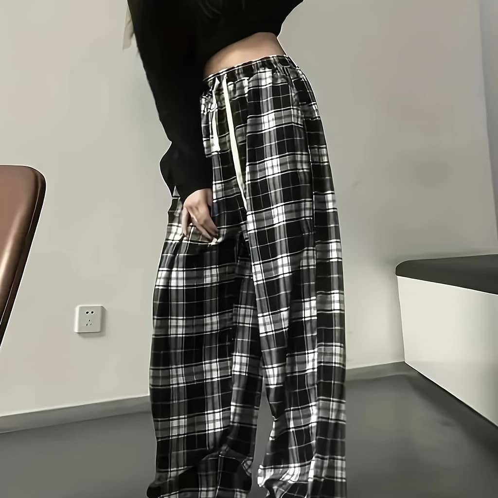 Plaid Print Straight Leg Pants, Casual Loose Drawstring High Waist Pants For , Women’s Clothing Clothing Shop Online at Dubai Trades 2