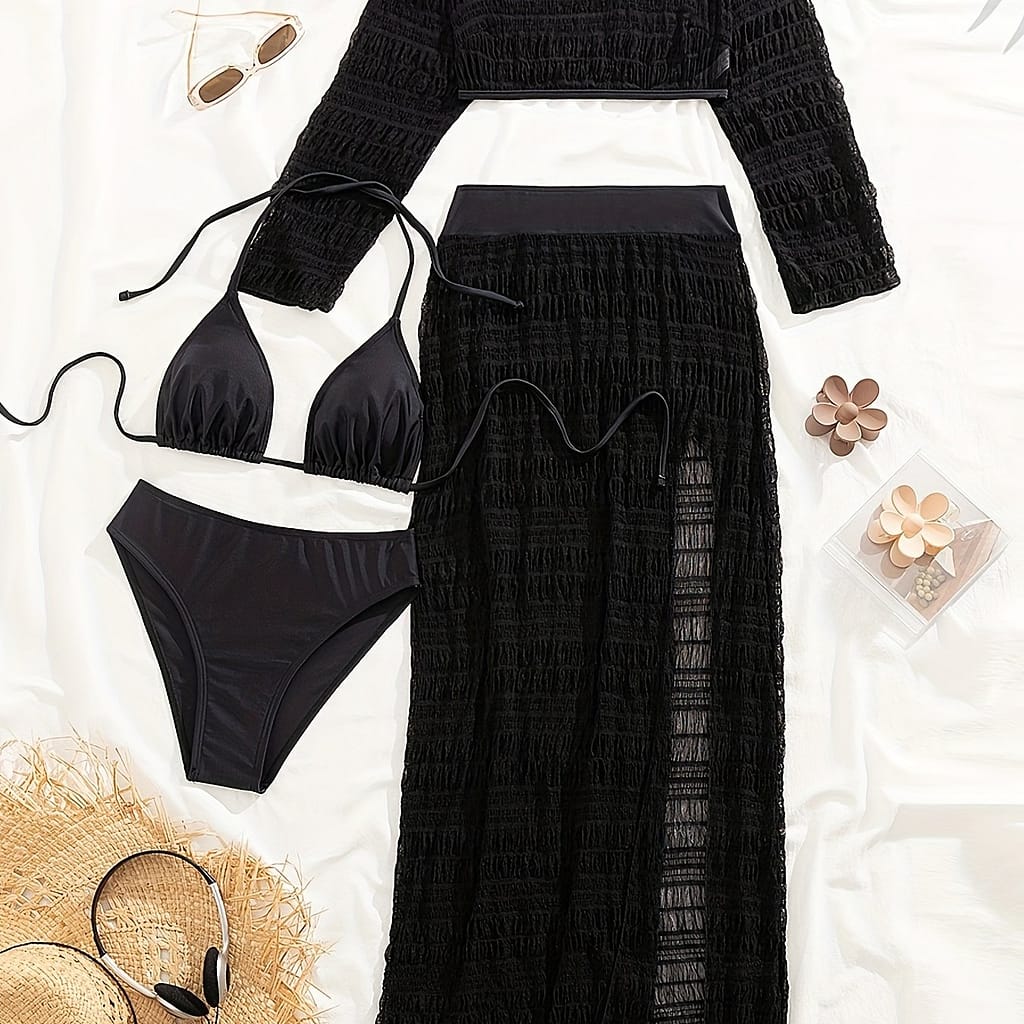 Plain Black Color Triangle Halter Tie Strap Backless Bikini With Cover Up 4 Piece Set Swimsuits, Women’s Swimwear & Clothing Bikinis Shop Online at Dubai Trades 2