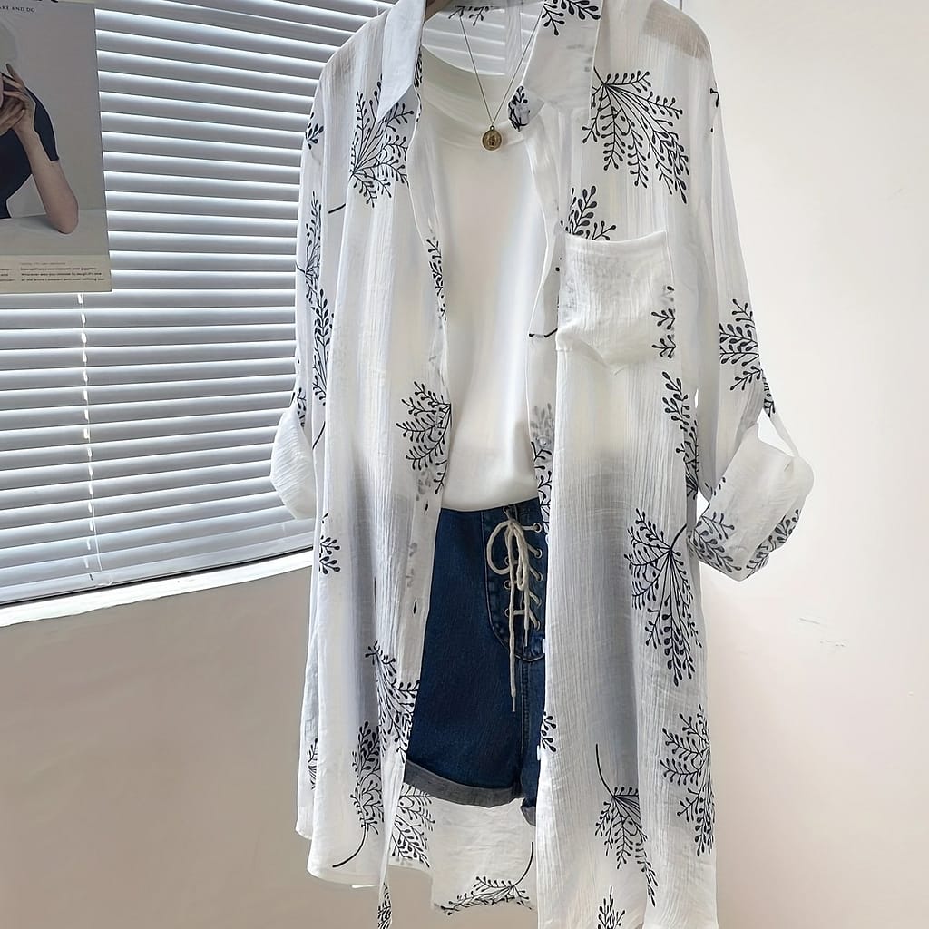 Plant Print Button Front Shirt, Elegant Long Sleeve Breast Pocket Shirt For Spring & Fall, Women’s Clothing Blouses Shop Online at Dubai Trades 2