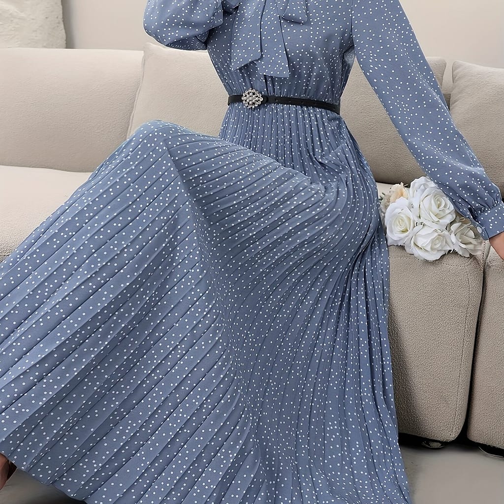 Pleated Allover Print Tie Neck Dress, Elegant Long Sleeve Dress For Spring & Fall, Women’s Clothing Clothing Shop Online at Dubai Trades 2